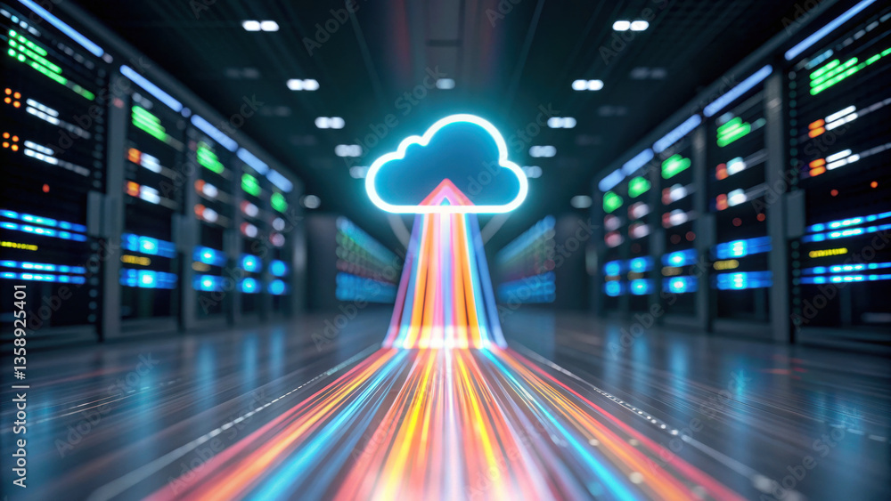 Poster cloud base file storage futuristic cloud storage concept with glowing data in server room