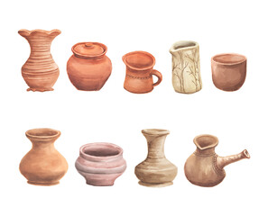 A collection of pottery vase clay illustrations in soft watercolor style, for artistic projects, home decor designs, craft branding, and cultural artwork.