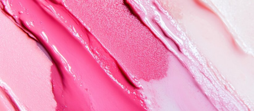 Pink red swatch of lip balm, natural glossy finish, soft smooth creamy texture application, smear, cosmetic product, isolated, pastel cream background, beauty, luxury makeup, advertisement, banner.