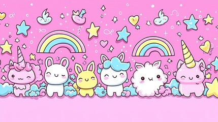 Cartoon creatures and cute decorative elements fill the illustration design