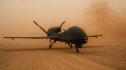 Fototapeta premium In this image, a drone stands still amidst a swirling dust storm in a desert landscape, encapsulating technological advancement in harsh environments.
