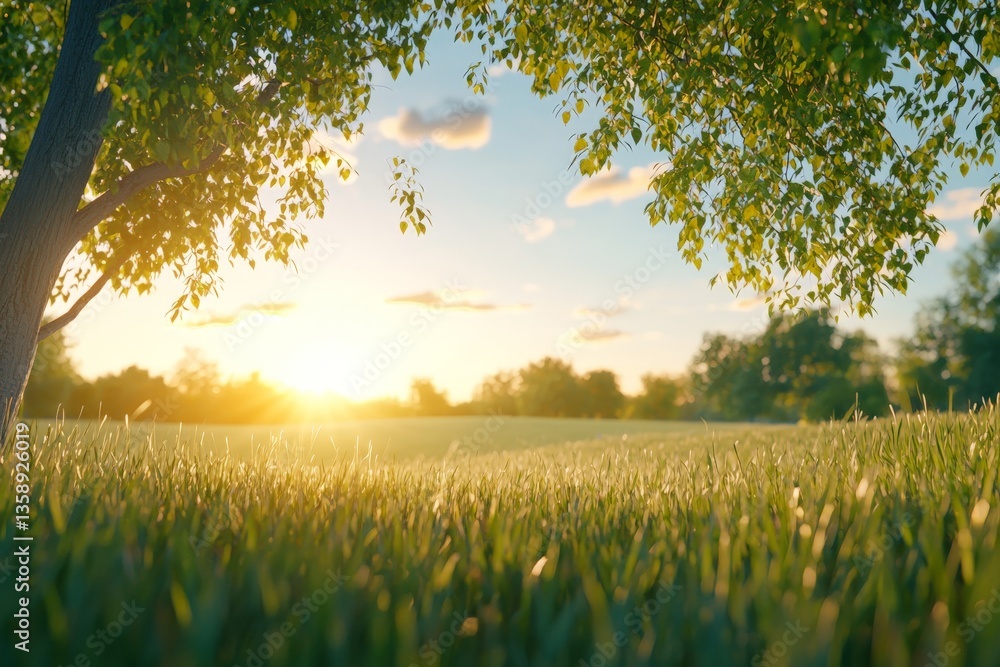 Poster sunrise light shining through open meadow with golden haze and silhouetted trees creating a tranquil