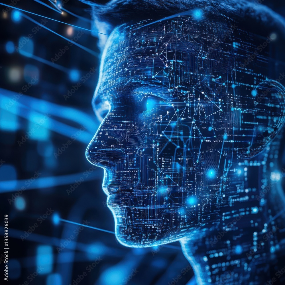 Poster futuristic human mind with binary code representing new internet technologies