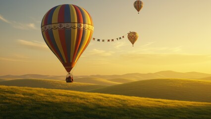 Naklejka premium Scenic view. Several hot air balloons floating over green rolling hills against golden sky. Serene atmosphere, travel, adventure, and celebration. 