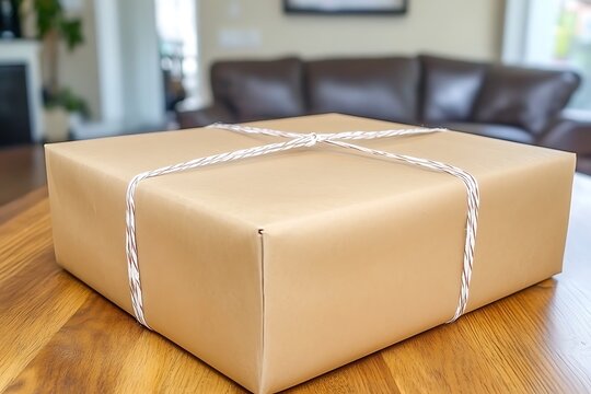 A brown gift box tied with string on a wooden table indoors setup