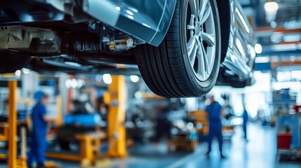 Car Maintenance Workshop with Vehicle Elevated on Lift in Automotive Service Center