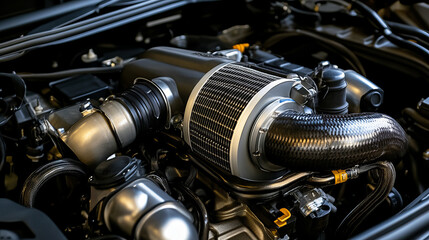 Fototapeta premium Detailed Close-Up of a Modern Car Engine with Performance Components and Metallic Finishes
