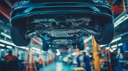 Car Underbody Inspection in Automotive Workshop with Mechanics Working in Background