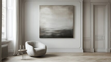 Serene Minimalist Living Room with Armchair and Side Table, Illuminated by Soft Natural Light, Abstract Painting, and Gentle Shadows, Ideal for Relaxation and Reading, Photorealistic Rendering