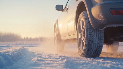 Obraz premium Winter Driving Adventure with SUV in Snowy Landscape During Sunset and Dusty Snow Flurry