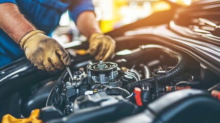 Close-Up Image of Mechanic Working on Engine with Tools and Gloves in Modern Workshop Setting