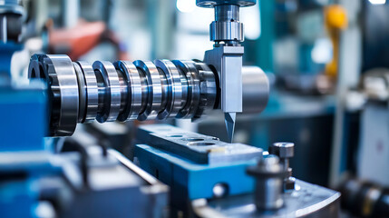 Fototapeta premium Precision Machining Equipment with Camshaft in Modern Industrial Workshop Environment