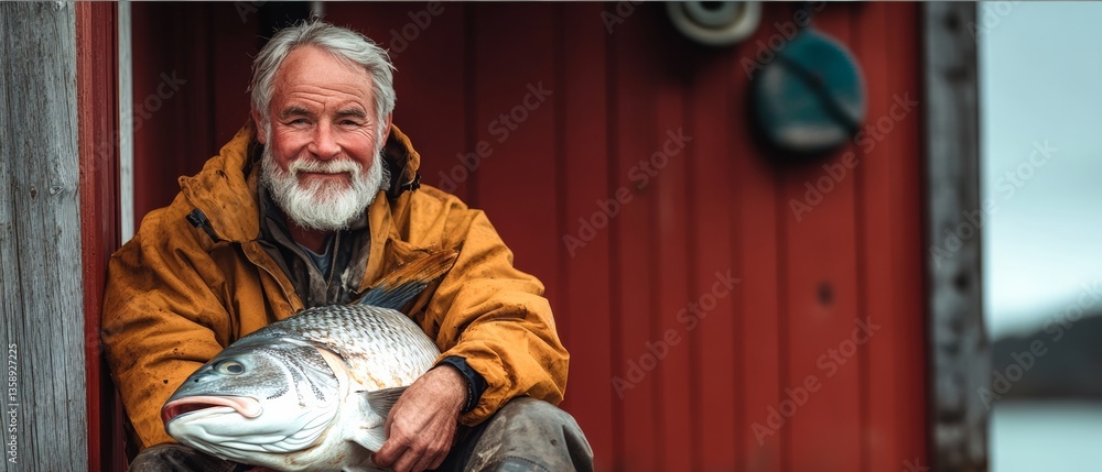 Poster man in a yellow jacket is sitting on a red wall with a fish in his hand. he is smiling and he is hap