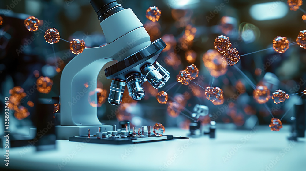 Poster modern microscope is positioned over circuit board, surrounded by floating molecular structures, sho