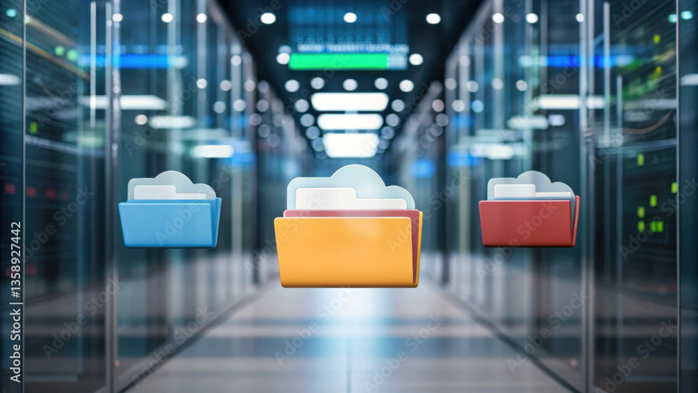 Poster cloud base file storage floating digital folders in futuristic data center, symbolizing cloud storag