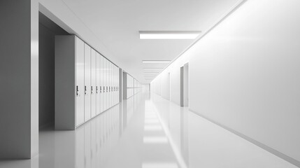 Pristine, minimal school corridor featuring blank white walls, shining clean floors, and empty lockers, ample negative space for copy or design.  