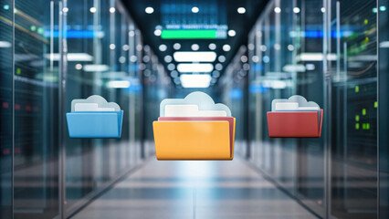 Cloud base file storage Floating digital folders in futuristic data center, symbolizing cloud storage