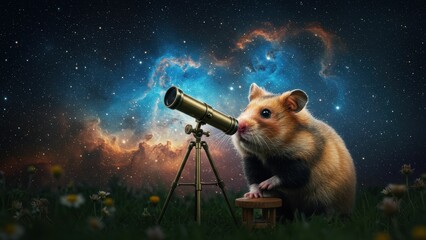 Golden Hamster observes nebula with telescope outdoors. Night sky exploration. Space discovery, astronomical observation, imagination concept.