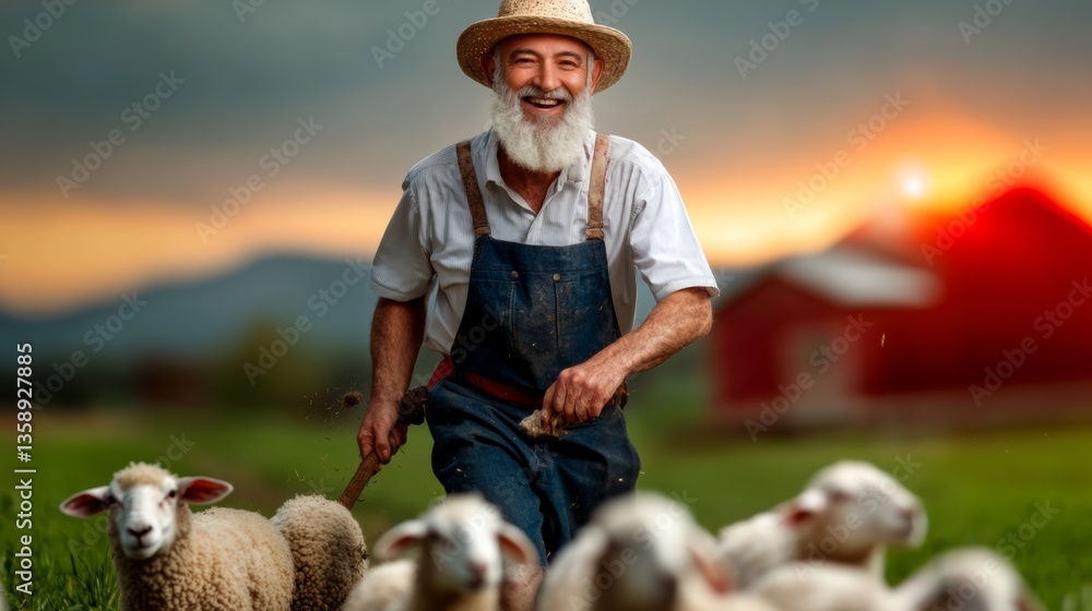Poster man in a straw hat and overalls is leading a flock of sheep. the sheep are scattered throughout the 