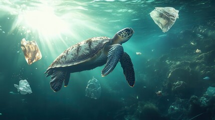Fototapeta premium A majestic sea turtle gracefully swims through a polluted ocean, a poignant reminder of plastic waste's devastating impact on marine life, bathed in sunlight filtering through the water.