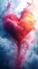 Heart Shaped Pink and Orange Smoke Cloud Against a Blue Sky

