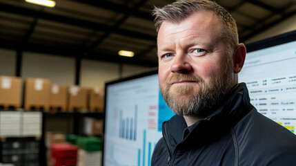 Professional man in a warehouse environment analyzing data on screens with charts and graphs