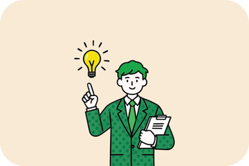 Bright Idea Moment: Green-Suited Man with Lightbulb, Innovative Thinking in Business