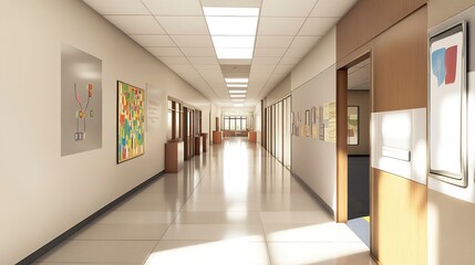 Quiet and bright school hallway with smooth tiled floors and clean white walls, sunlight streaming in, symbolizing readiness for a day of learning.  