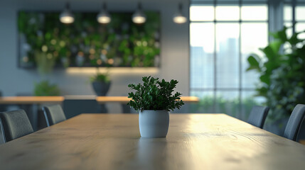 Minimalist meeting table with soft lighting, symbolizing focus and professionalism in a modern workspace.