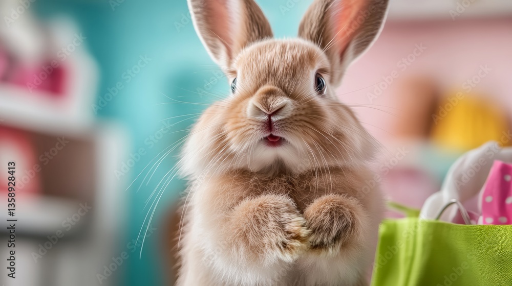 Poster cute rabbit is sitting in a pink basket. the rabbit is looking up at the camera with a curious expre