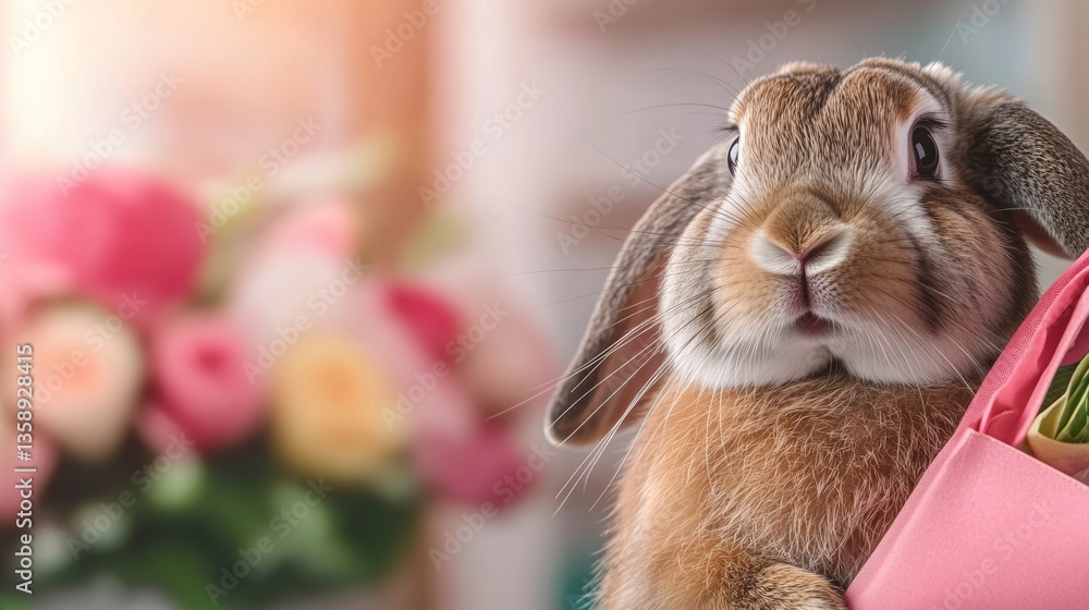 Poster cute rabbit is sitting in a pink basket. the rabbit is looking up at the camera with a curious expre