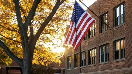 Rustic brick building holding an American flag, school visible in the distance, autumn leaves glowing in golden hour light, serene and nostalgic.  