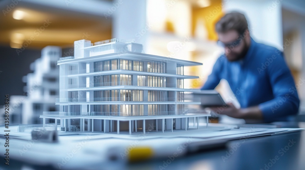 Poster engineers analyzing 3d render of smart building model in office space
