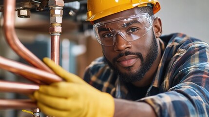 Skilled Mechanical Engineer Working on Copper Pipes with Safety Gear