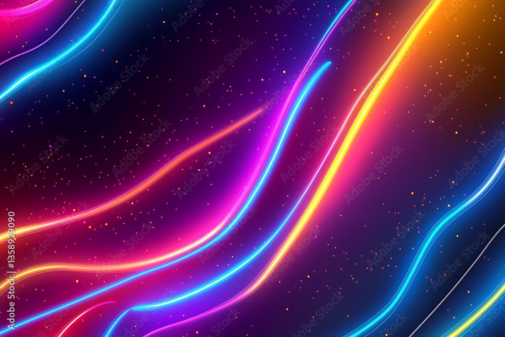 Poster abstract vibrant neon glowing lines and particles.