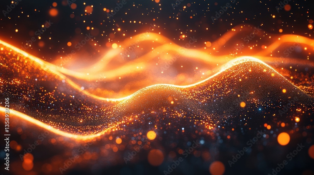 Poster ethereal shimmer golden abstract wave background with flowing luminous particles and bokeh effect id