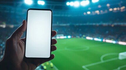 Holding a smartphone with a white screen and a football match in the background