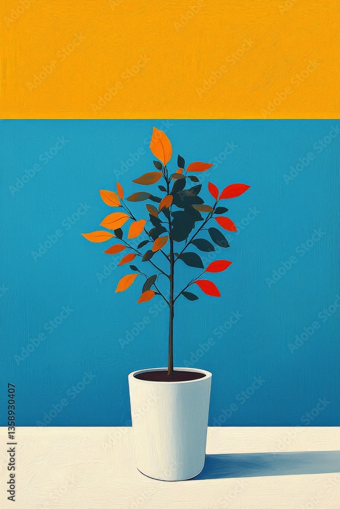 Poster decorative bonsai tree on orange block background in modern minimalist style showcasing isolated pla