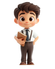 Charming Animated Young Boy with Brown Hair in Formal Attire Holding a Notebook and Smiling Cheerfully Against a White Background