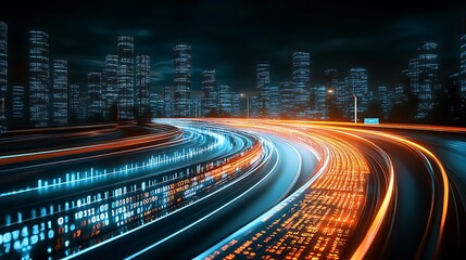 Futuristic highway with digital data streams at night.