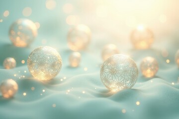 Festive winter scene with glass ornaments and a dreamy, bokeh-filled background.