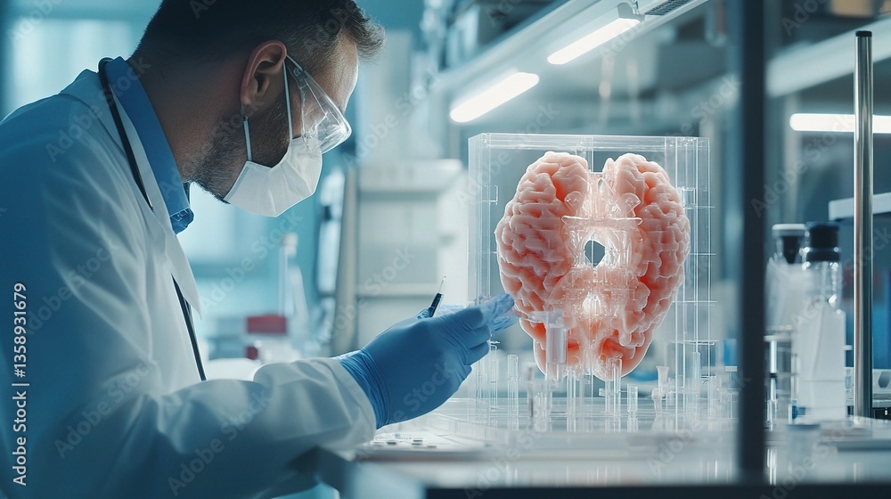 Poster scientist working on 3d printed organ model in sterile lab environment
