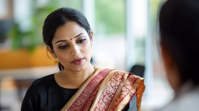 Video of a confident indian business woman in coversation with team members | Boss lady video | Woman Boss meeting | Video of woman employee in saree at office | Ethnic wear in office video