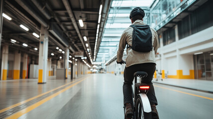 Young man confidently rides bicycle indoors, wearing helmet and backpack