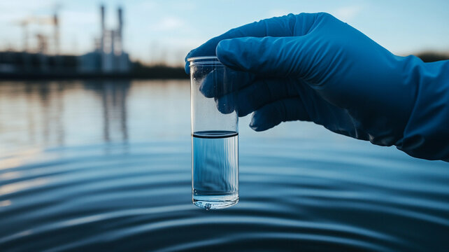 gloved hand holds water sample tube over rippling lake