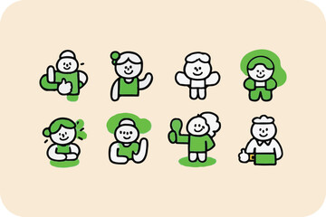 Collection of diverse, stylized people icons showcasing positive emotions and actions, representing various individuals and interactions.