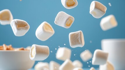 Bowl of marshmallows and a cup of cereal. The marshmallows are flying through the air, creating a sense of motion and excitement. The scene conveys a playful and fun atmosphere