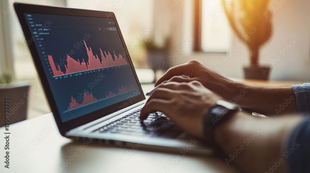 Poster man is typing on a laptop computer with a graph on the screen. the graph shows a downward trend, whi