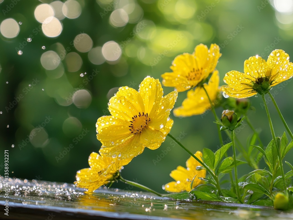 Poster yellow flower blooming on branch with soft background capturing natural optimism emotion growth and 