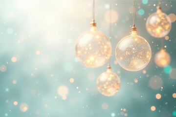 Festive winter scene with glass ornaments and a dreamy, bokeh-filled background.